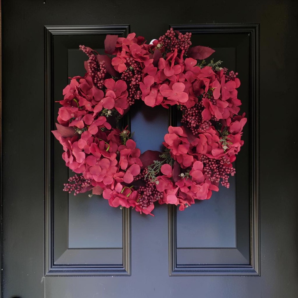 18" Burgundy Hydrangea Christmas Wreath, Holiday Front Door Decor Juniper